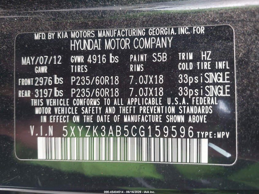 2012 Hyundai Santa fe VIN 5XYZK3AB5CG159596 IAAI salvage auction — NORMAL WEAR, Clear (Florida), sold $1,125 on 2026-07-16 (photo 9)