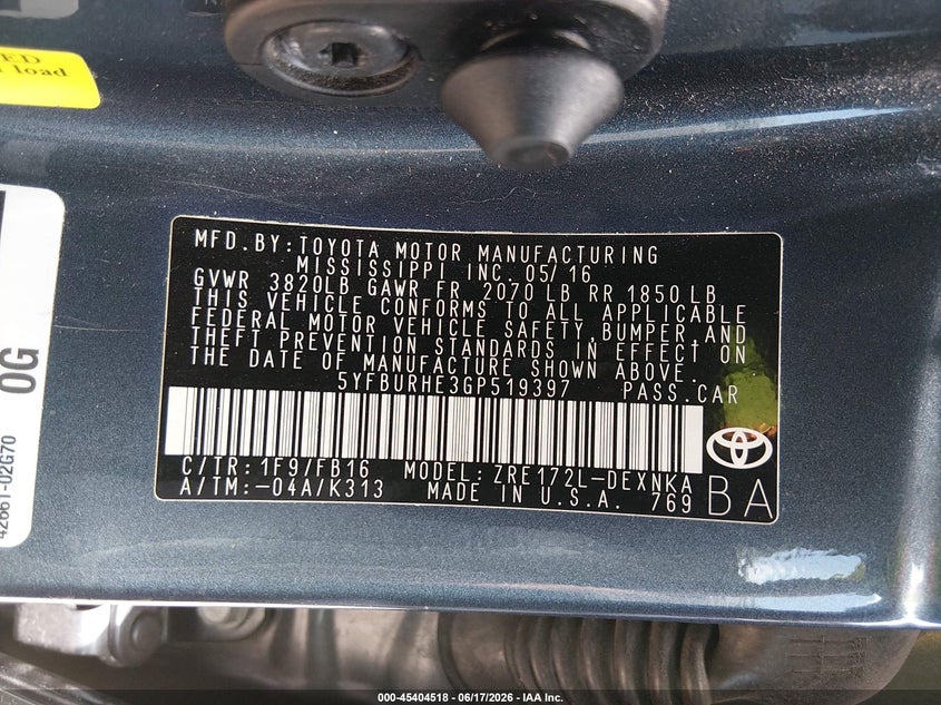 2016 Toyota Corolla VIN 5YFBURHE3GP519397 IAAI salvage auction — FRONT END, Salvage (Texas), sold $2,500 on 2026-07-15 (photo 9)