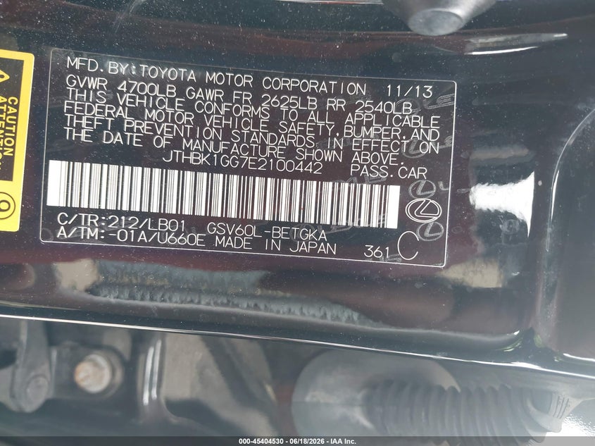2014 Lexus ES VIN JTHBK1GG7E2100442 IAAI salvage auction — REAR END, Clear (Tennessee), sold $4,050 on 2026-07-18 (photo 9)