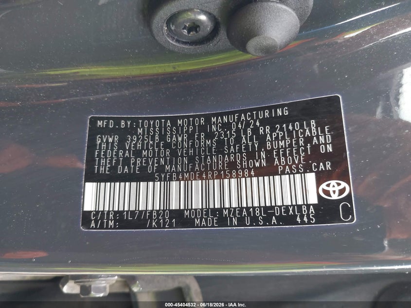 2024 Toyota Corolla VIN 5YFB4MDE4RP158984 IAAI salvage auction — REAR END, Salvage Title, sold $6,950 on 2026-07-17 (photo 9)