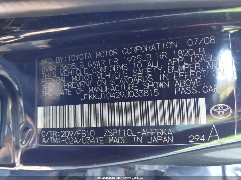 2009 Toyota Scion VIN JTKKU10429J033815 IAAI salvage auction — NORMAL WEAR, Clear (New Jersey), sold $700 on 2026-07-08 (photo 9)