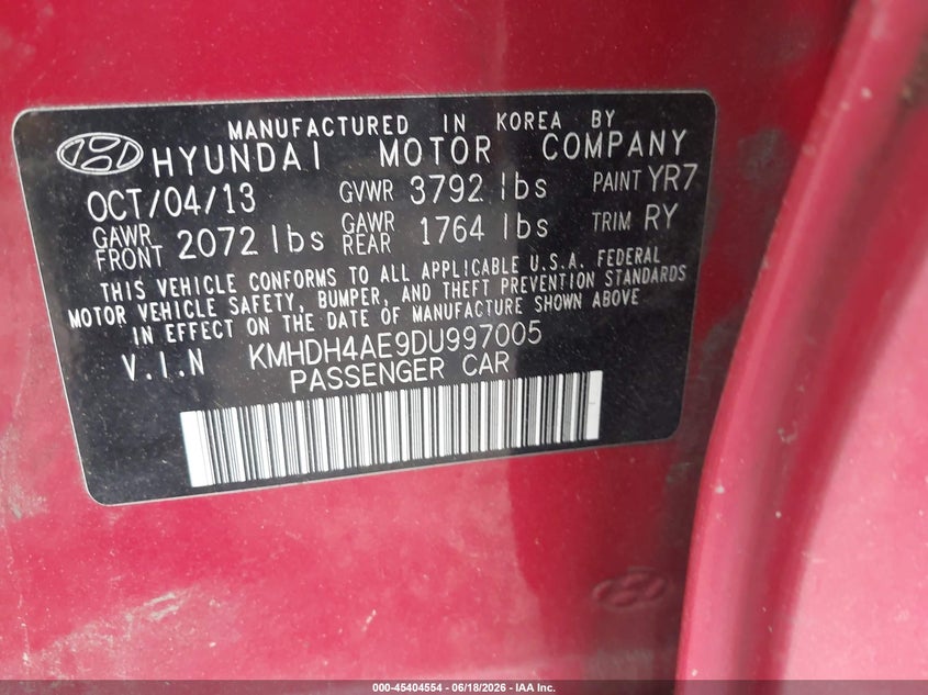 2013 Hyundai Elantra VIN KMHDH4AE9DU997005 IAAI salvage auction — FRONT & REAR, Salvage - Greater Than 75% (Maryland), sold $700 on 2026-07-06 (photo 9)
