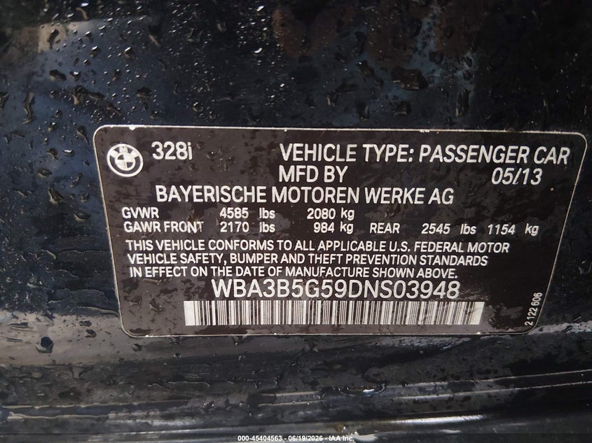 2013 BMW 3er VIN WBA3B5G59DNS03948 IAAI salvage auction — FRONT END, Salvage (West Virginia), sold $1,000 on 2026-07-30 (photo 9)