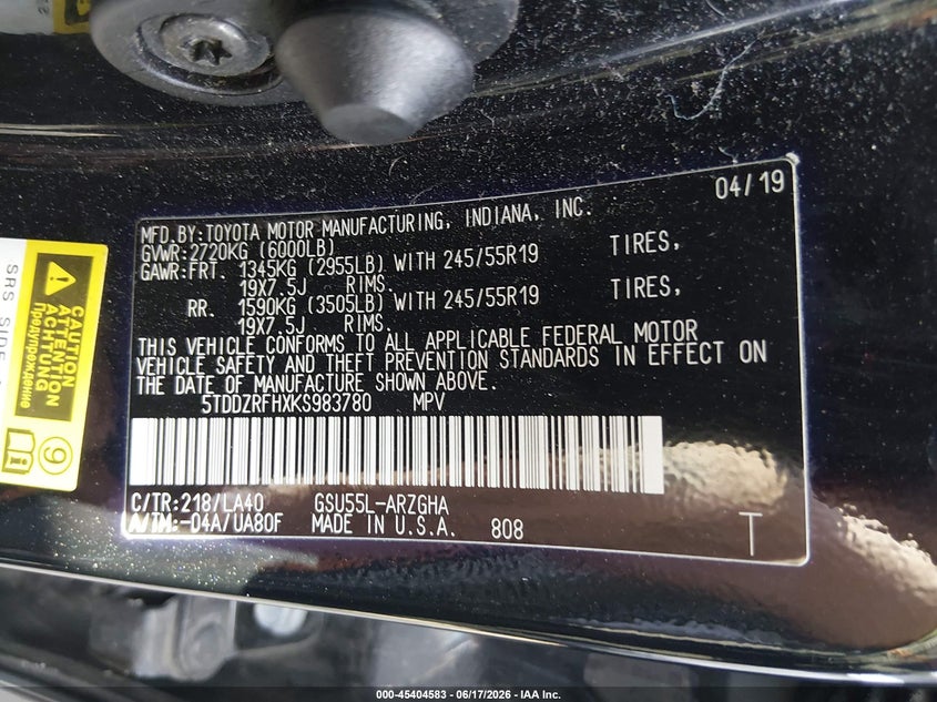 2019 Toyota Highlander VIN 5TDDZRFHXKS983780 IAAI salvage auction — FRONT & REAR, Salvage Title, sold $9,750 on 2026-07-24 (photo 9)