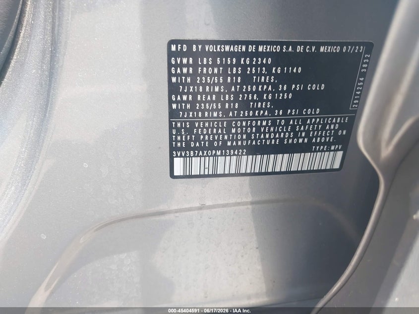 2023 Volkswagen Tiguan VIN 3VV3B7AX0PM139422 IAAI salvage auction — LEFT FRONT, Salvage Title, sold $8,925 on 2026-08-19 (photo 9)