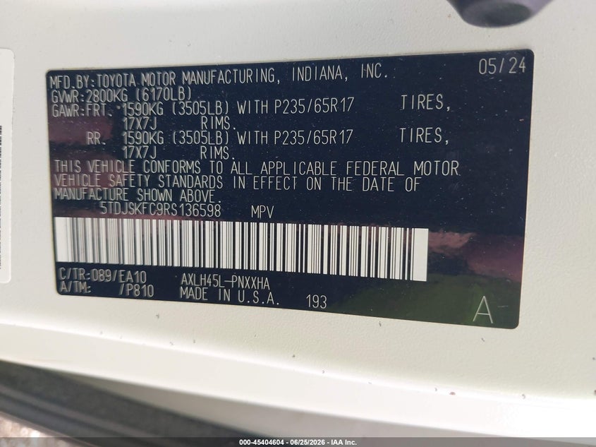 2024 Toyota Sienna VIN 5TDJSKFC9RS136598 IAAI salvage auction — SIDE, Salvage (Arkansas), sold $16,200 on 2026-07-30 (photo 9)