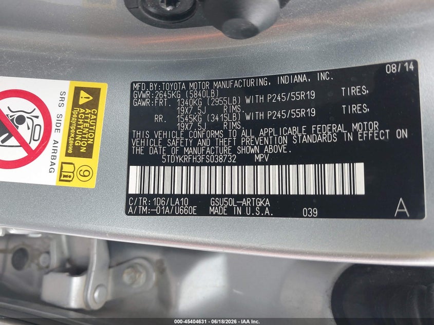 2015 Toyota Highlander VIN 5TDYKRFH3FS038732 IAAI salvage auction — FRONT END, Salvage Title, sold $6,600 on 2026-07-16 (photo 9)