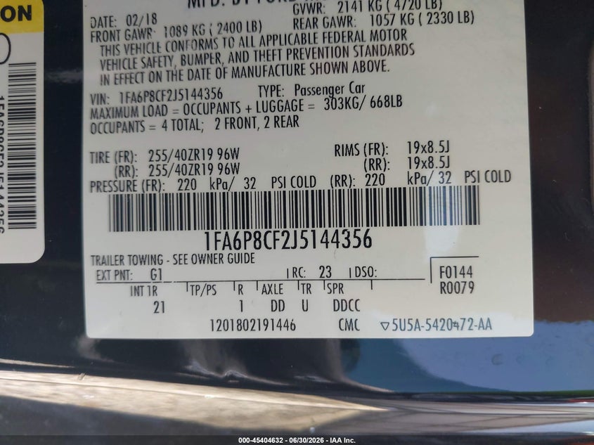 2018 Ford Mustang VIN 1FA6P8CF2J5144356 IAAI salvage auction — WATER/FLOOD, Salvage (Arkansas), sold $7,600 on 2026-07-30 (photo 9)