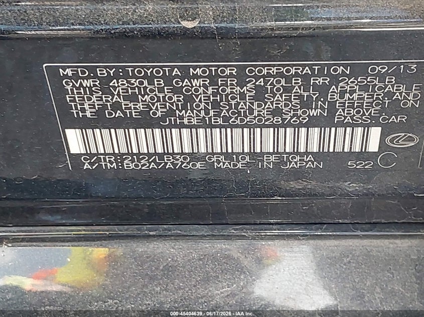 2013 Lexus Gs VIN JTHBE1BL6D5028769 IAAI salvage auction — HAIL, Original (Texas), sold $2,300 on 2026-07-21 (photo 9)