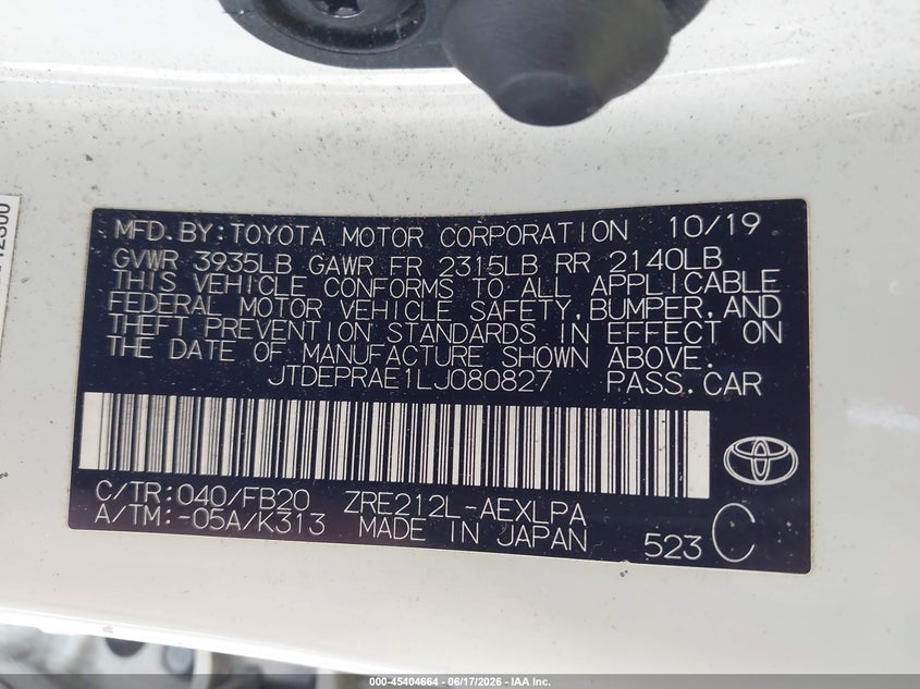 2020 Toyota Corolla VIN JTDEPRAE1LJ080827 IAAI salvage auction — FRONT END, Salvage Title, sold $2,900 on 2026-07-15 (photo 9)