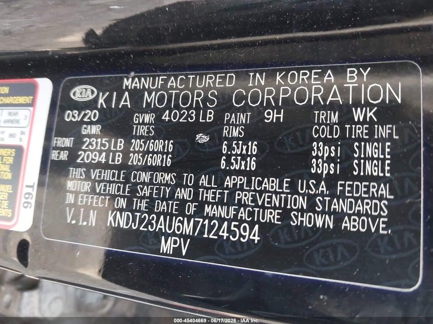 2021 Kia Soul VIN KNDJ23AU6M7124594 IAAI salvage auction — FRONT & REAR, Salvage (Indiana), sold $1,650 on 2026-07-29 (photo 9)