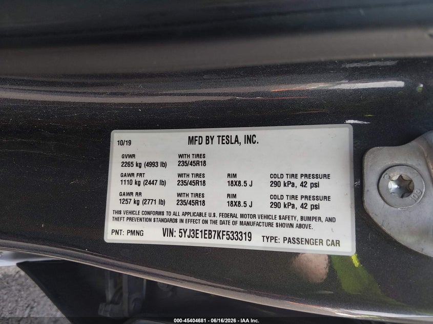 2019 Tesla Model 3 VIN 5YJ3E1EB7KF533319 IAAI salvage auction — LEFT FRONT, Salvage (Illinois), sold $6,350 on 2026-07-24 (photo 9)