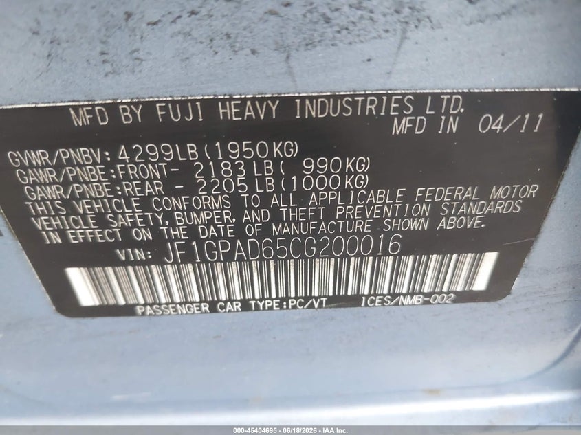 2012 Subaru Impreza VIN JF1GPAD65CG200016 IAAI salvage auction — NORMAL WEAR, Clear (Massachusetts), sold $425 on 2026-07-31 (photo 9)