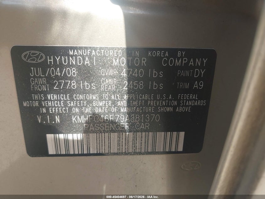 2009 Hyundai Azera VIN KMHFC46F79A381370 IAAI salvage auction — RIGHT REAR, Salvage - Greater Than 75% (Maryland), sold $400 on 2026-07-08 (photo 9)