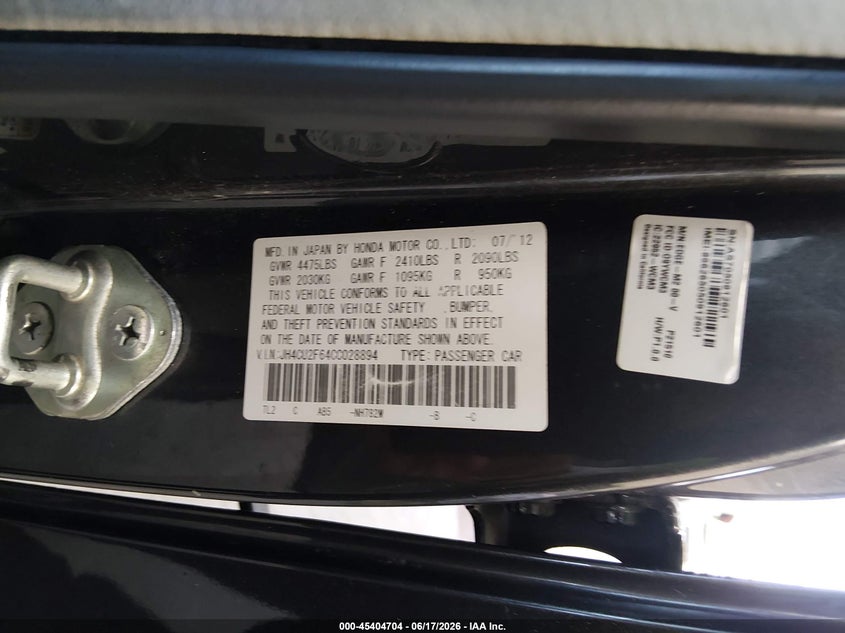 2012 Acura Tsx VIN JH4CU2F64CC028894 IAAI salvage auction — FRONT END, Rebuildable (Florida), sold $325 on 2026-07-15 (photo 9)