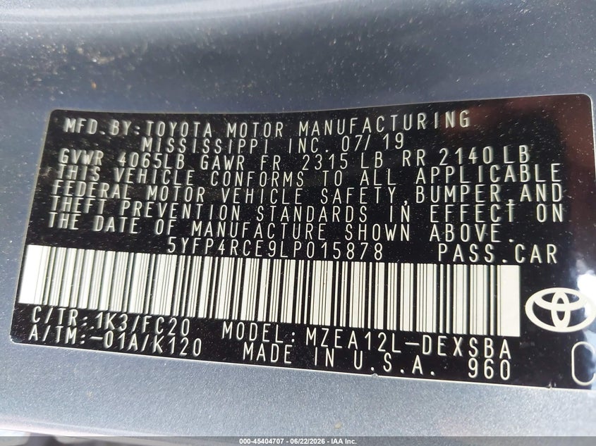 2020 Toyota Corolla VIN 5YFP4RCE9LP015878 IAAI salvage auction — FRONT & REAR, Salvage (Tennessee), sold $3,000 on 2026-07-15 (photo 9)
