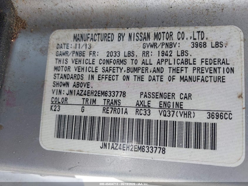 2014 Nissan 370z VIN JN1AZ4EH2EM633778 IAAI salvage auction — FRONT END, Salvage (Idaho), sold $2,550 on 2026-07-13 (photo 9)