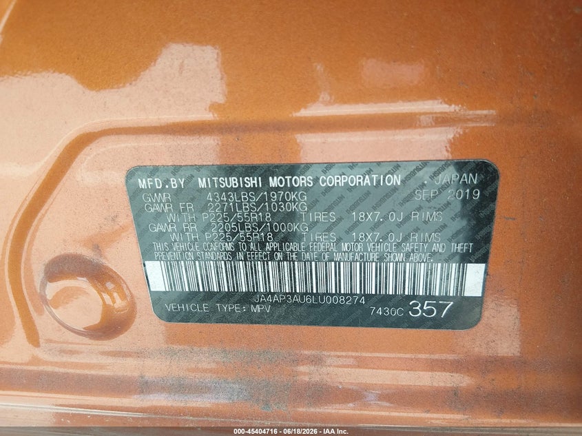 2020 Mitsubishi Outlander VIN JA4AP3AU6LU008274 IAAI salvage auction — SUSPENSION, Salvage (North Carolina), sold $25 on 2026-07-29 (photo 9)