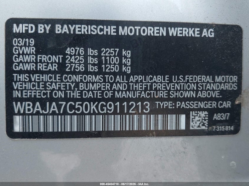 2019 BMW VIN WBAJA7C50KG911213 IAAI salvage auction — SIDE, Salvage Title, sold $6,300 on 2026-07-28 (photo 9)