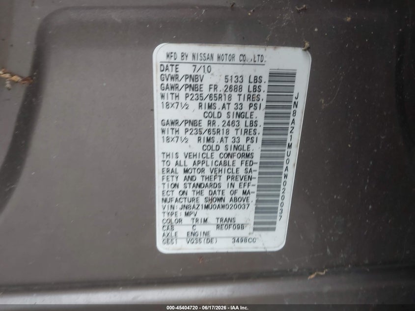 2010 Nissan Murano VIN JN8AZ1MU0AW020037 IAAI salvage auction — FRONT END, Clear (Florida), sold $300 on 2026-07-17 (photo 9)