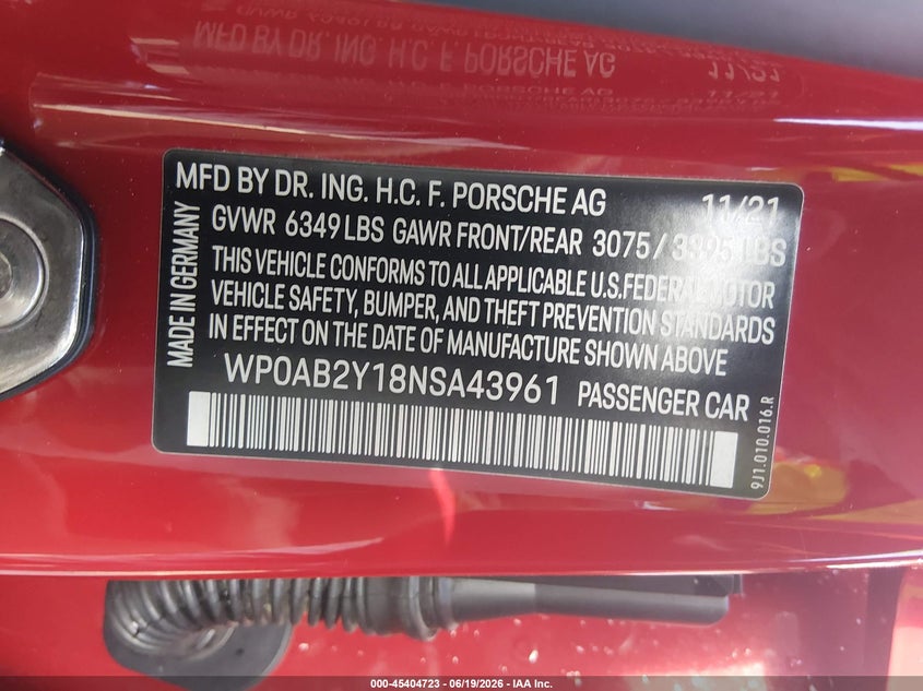 2022 Porsche Taycan VIN WP0AB2Y18NSA43961 IAAI salvage auction — FRONT END, Salvage Title, sold $23,900 on 2026-07-25 (photo 9)