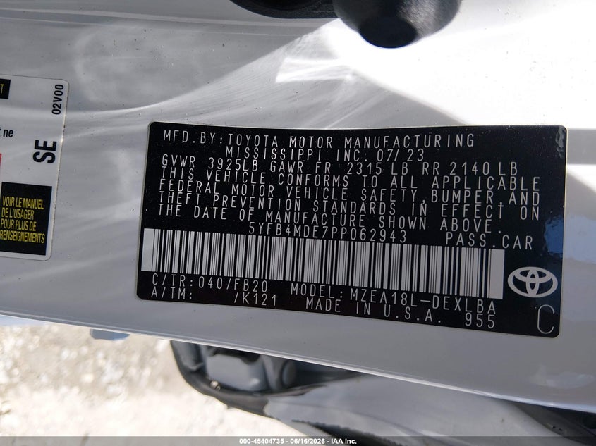 2023 Toyota Corolla VIN 5YFB4MDE7PP062943 IAAI salvage auction — SIDE, Salvage (Arkansas), sold $6,450 on 2026-07-22 (photo 9)