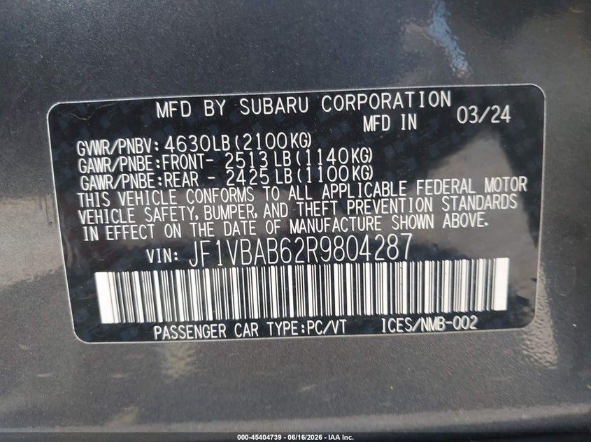 2024 Subaru Wrx VIN JF1VBAB62R9804287 IAAI salvage auction — ENGINE DAMAGE, Salvage (Pennsylvania), sold $8,350 on 2026-07-29 (photo 9)