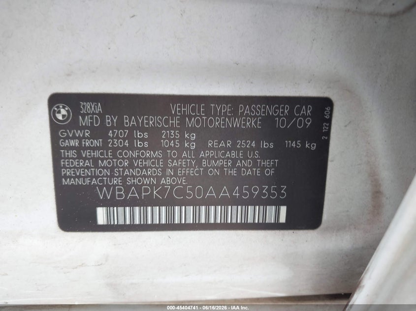 2010 BMW 3 series VIN WBAPK7C50AA459353 IAAI salvage auction — NORMAL WEAR, Clear (Texas), sold $525 on 2026-07-16 (photo 9)