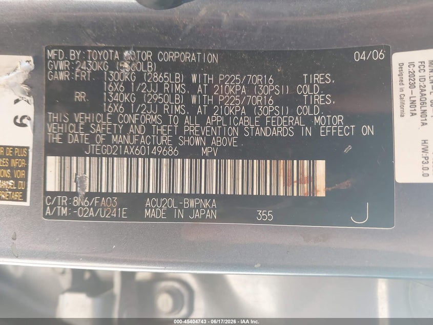 2006 Toyota Highlander VIN JTEGD21AX60149686 IAAI salvage auction — FRONT END, Salvage (Missouri), sold $1,150 on 2026-07-27 (photo 9)
