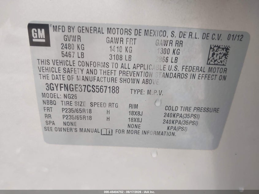 2012 Cadillac Srx VIN 3GYFNGE37CS567188 IAAI salvage auction — RIGHT SIDE, Salvage (Mississippi), sold $700 on 2026-07-24 (photo 9)