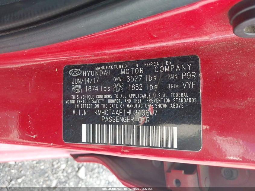 2017 Hyundai Accent VIN KMHCT4AE1HU343647 IAAI salvage auction — FRONT END, Salvage (South Carolina), sold $900 on 2026-08-01 (photo 9)