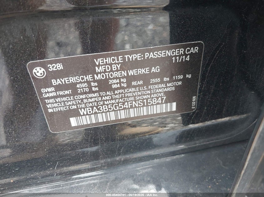 2015 BMW 3er VIN WBA3B5G54FNS15847 IAAI salvage auction — FRONT END, Mv-907A (New York), sold $1,250 on 2026-07-14 (photo 9)