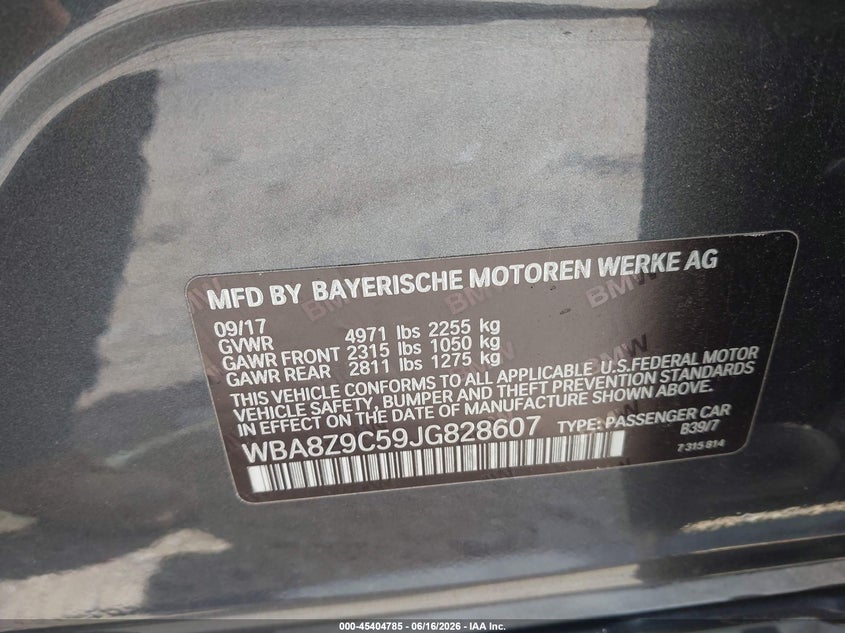 2018 BMW VIN WBA8Z9C59JG828607 IAAI salvage auction — UNKNOWN, Salvage (Pennsylvania), sold $3,650 on 2026-07-11 (photo 9)