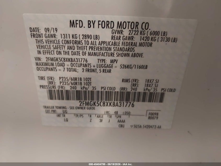 2019 Ford Flex VIN 2FMGK5C8XKBA31776 IAAI salvage auction — REAR END, Clear (Michigan), sold $7,400 on 2026-07-14 (photo 9)