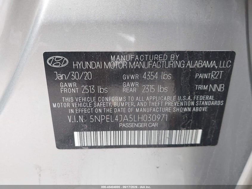 2020 Hyundai Sonata VIN 5NPEL4JA5LH030971 IAAI salvage auction — RIGHT FRONT, Salvage (Ohio), sold $3,775 on 2026-07-28 (photo 9)