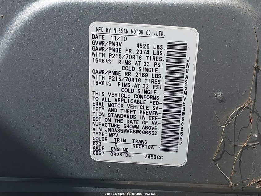 2011 Nissan Rogue sport VIN JN8AS5MV5BW666552 IAAI salvage auction — NORMAL WEAR, Clear (New Jersey), sold $550 on 2026-07-06 (photo 9)