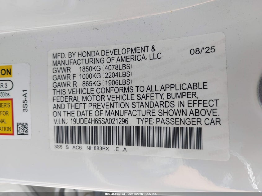 2025 Acura Integra VIN 19UDE4H65SA021296 IAAI salvage auction — FRONT END, Rebuildable (Florida), sold $11,050 on 2026-07-13 (photo 9)