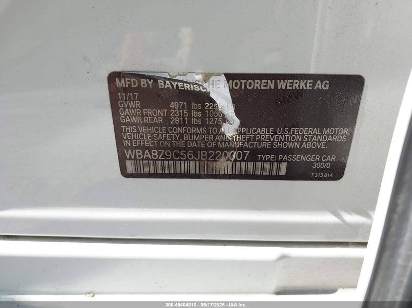 2018 BMW VIN WBA8Z9C56JB220007 IAAI salvage auction — FRONT END, Salvage (Arizona), sold $1,525 on 2026-07-15 (photo 9)