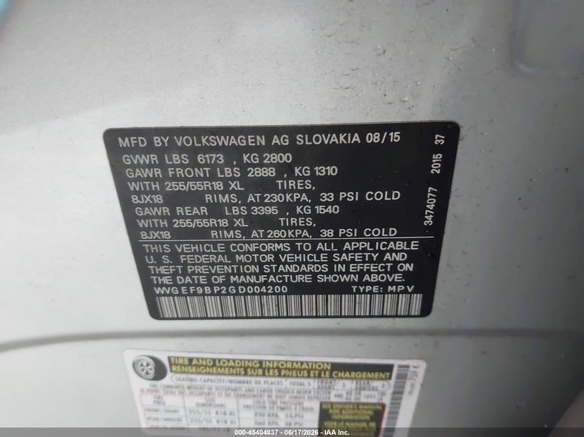 2016 Volkswagen Touareg VIN WVGEF9BP2GD004200 IAAI salvage auction — NORMAL WEAR, Clear (Michigan), sold $775 on 2026-07-13 (photo 9)