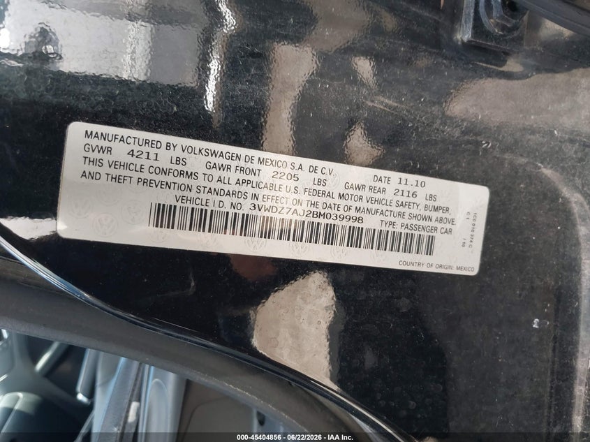 2011 Volkswagen Jetta VIN 3VWDZ7AJ2BM039998 IAAI salvage auction — LEFT FRONT, Salvage (Iowa), sold $475 on 2026-07-29 (photo 9)
