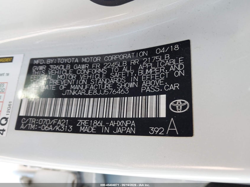 2018 Toyota VIN JTNKARJE8JJ576463 IAAI salvage auction — FRONT END, Mv-907A (New York), sold $400 on 2026-07-22 (photo 9)