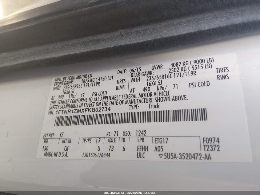 2015 Ford Transit VIN 1FTNR1ZMXFKB02734 IAAI salvage auction — FRONT & REAR, Salvage (Nebraska), sold $3,300 on 2026-07-23 (photo 9)