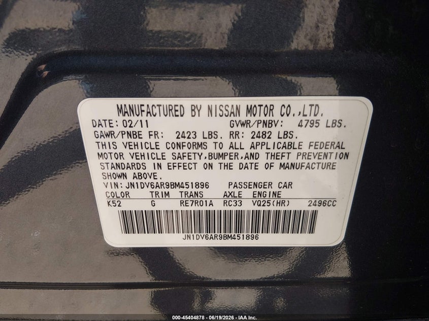 2011 Infiniti G25 VIN JN1DV6AR9BM451896 IAAI salvage auction — FRONT END, Certificate Of Title (Nebraska), sold $825 on 2026-07-16 (photo 9)