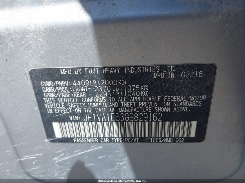 2016 Subaru Wrx VIN JF1VA1E63G9829162 IAAI salvage auction — LEFT FRONT, Salvage Title, sold $4,225 on 2026-09-03 (photo 9)