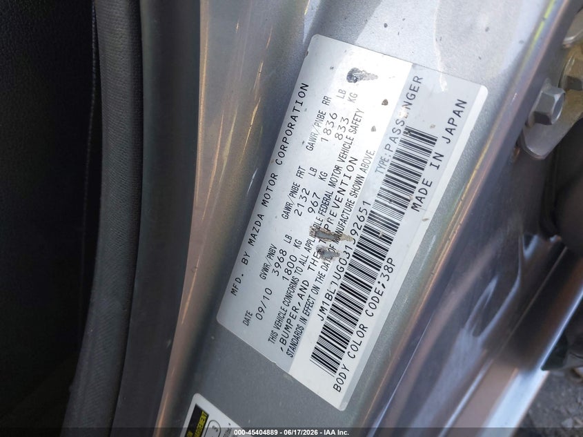 2011 Mazda 3 VIN JM1BL1UG0B1392651 IAAI salvage auction — FRONT END, Mv-907A (New York), sold $275 on 2026-07-15 (photo 9)