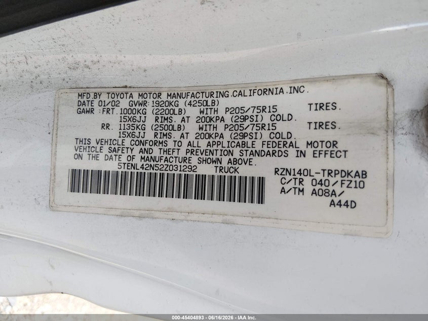 2002 Toyota Tacoma VIN 5TENL42N52Z031292 IAAI salvage auction — NORMAL WEAR, Clear (Minnesota), sold $25 on 2026-07-29 (photo 9)