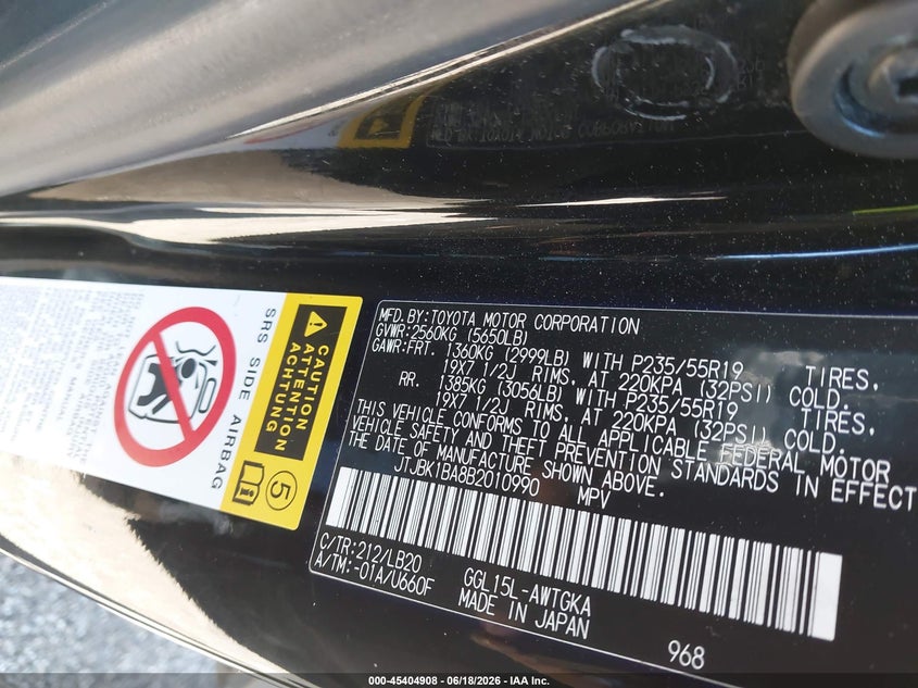 2011 Lexus Rx VIN JTJBK1BA8B2010990 IAAI salvage auction — SIDE, Junk Bill Of Sale Mv2459 (Wisconsin), sold $3,850 on 2026-07-17 (photo 9)