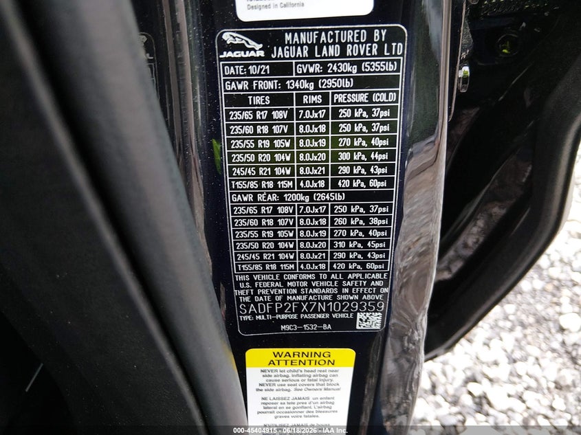 2022 Jaguar E-pace VIN SADFP2FX7N1029359 IAAI salvage auction — FRONT END, Clear (Georgia), sold $7,175 on 2026-09-23 (photo 9)