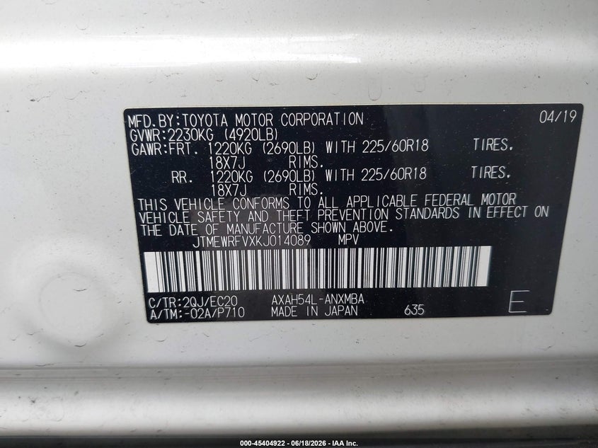 2019 Toyota Rav 4 VIN JTMEWRFVXKJ014089 IAAI salvage auction — FRONT & REAR, Mv-907A (New York), sold $14,050 on 2026-07-07 (photo 9)