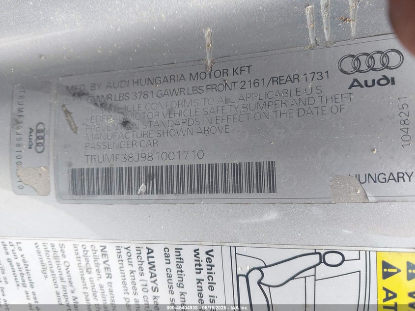 2008 Audi Tt VIN TRUMF38J981001710 IAAI salvage auction — NORMAL WEAR, Clear (North Carolina), sold $1,700 on 2026-07-29 (photo 9)
